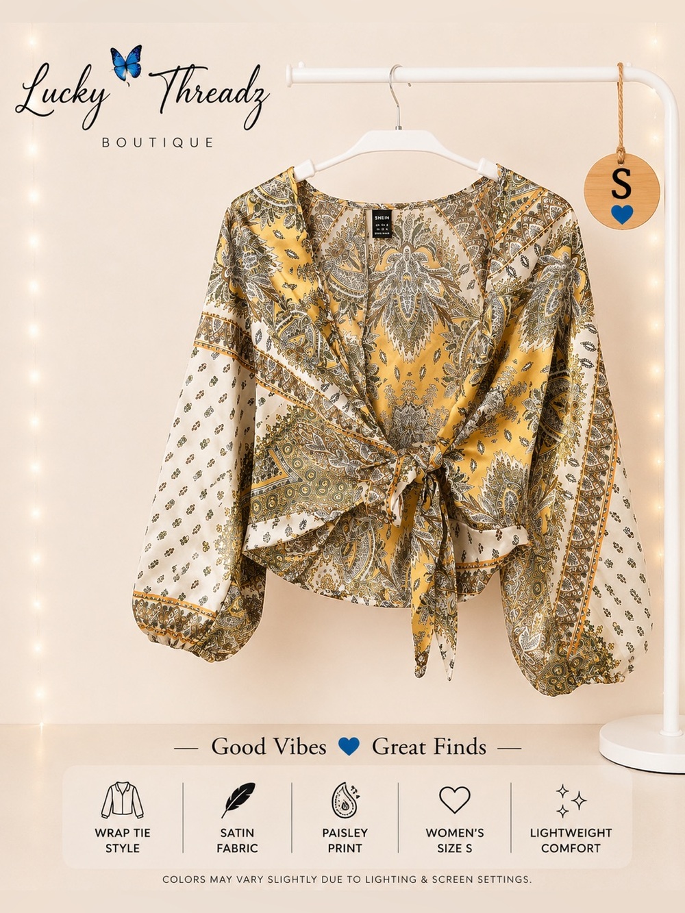 SHEIN Satin Paisley Wrap Tie Blouse Small Boho